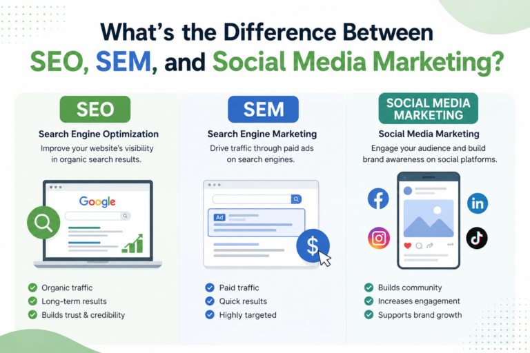 Read more about the article What’s the Difference Between SEO, SEM, and Social Media Marketing?